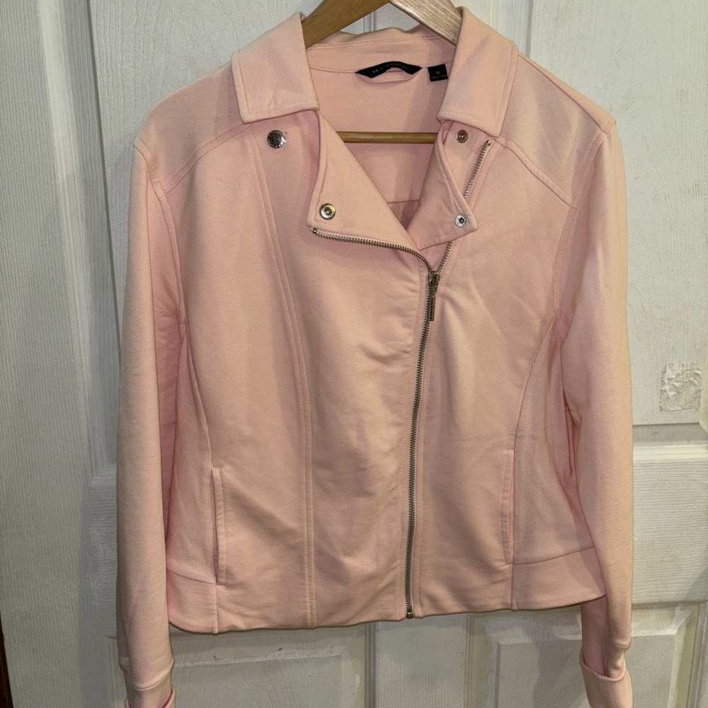 H BY HALSTON Blush Peach Asymmetrical Full Zip Moto Jacket Size 16 Front Pockets